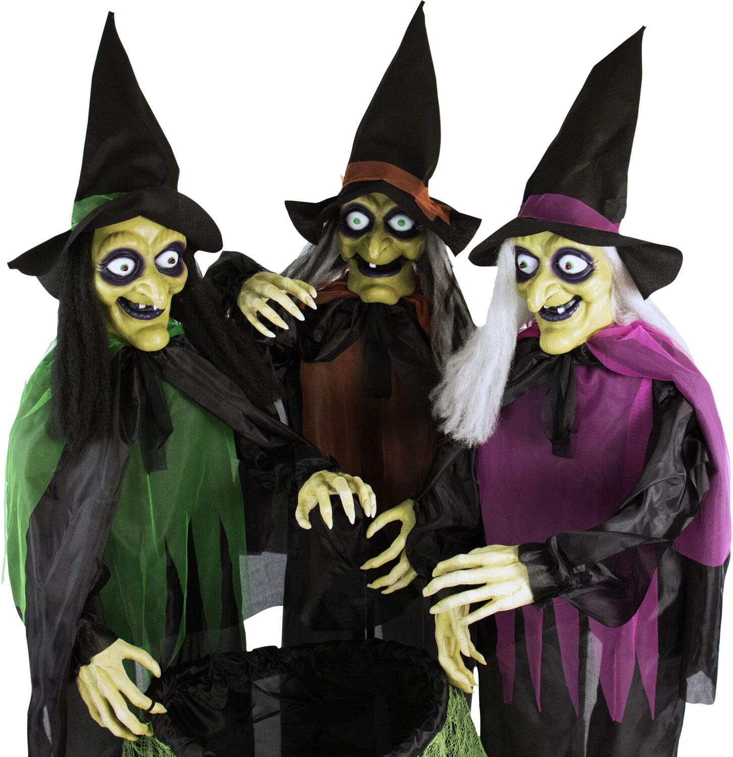 Side view of 3 Witches gathered over cauldron