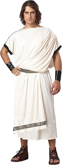 Front view of Classic Toga Set with gold trim and faux leather cuffs