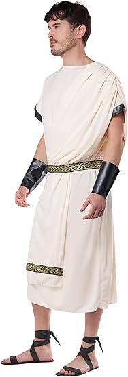 Side view of Classic Toga Set showing gold-trimmed sash and arm details