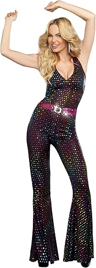 Side view of Disco Doll Jumpsuit with flared leg and sparkle details
