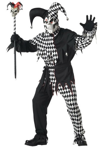 Front view of Evil Jester Costume in harlequin pattern