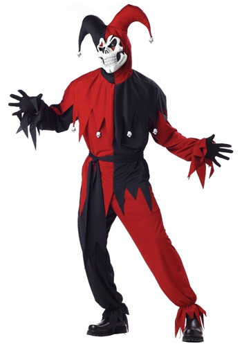 Front view of Evil Jester Costume with sash and mask