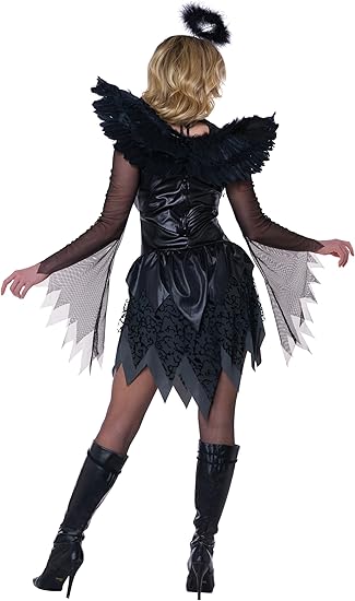 Back view of Fallen Angel Costume with mesh sleeves and layered back skirt
