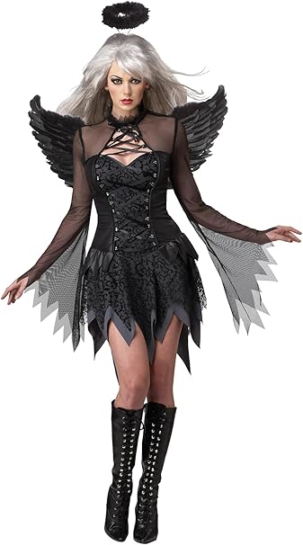 Front view of Fallen Angel Costume with lace-up neckline and layered skirt