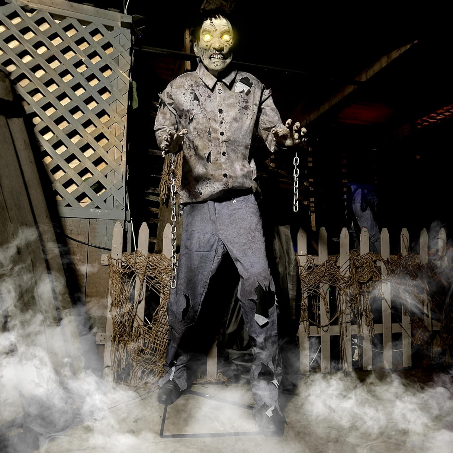 Front view of Guard Zombie Animatronic with LED eyes