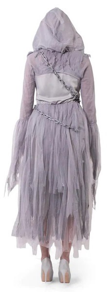 Side view of Haunting Beauty Costume showing hooded veil and chain detail