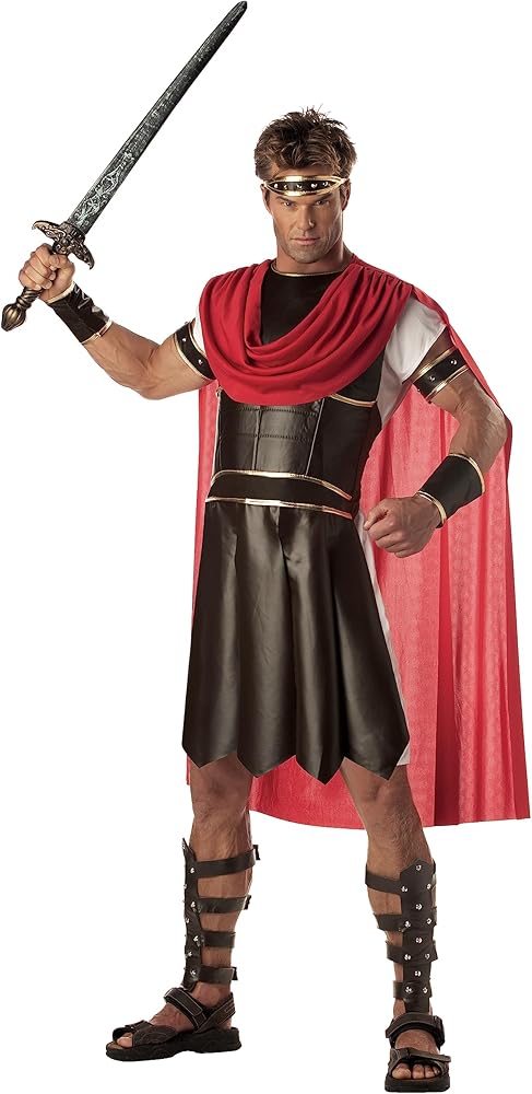 Front view of Hercules Costume with vinyl armor and red cape