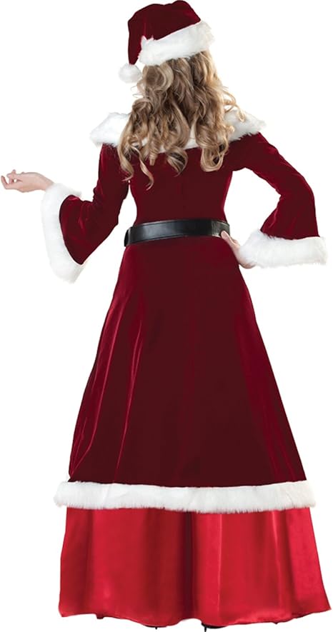 Back view showing bell sleeves and fur-trimmed velvet overlay