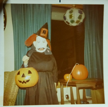 Vintage Halloween photo in witch costume – collecting Ben Cooper Halloween masks