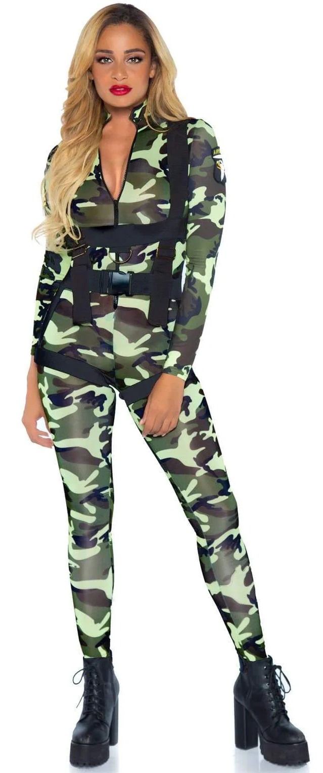 Main view of camo jumpsuit and strap harness