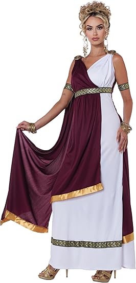 Front view of Roman Empress Costume with gold brocade trim
