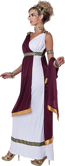 Side view of Roman Empress Costume with flowing drape and armband details