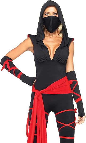 Main view of Deadly Ninja Costume with red ties and sash