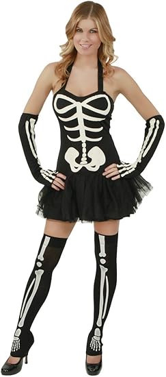 Main view of Sexy Skeleton Dress with glowing gloves and thigh highs