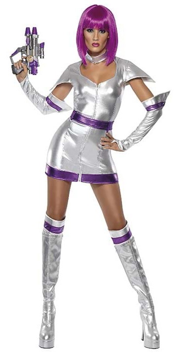 Main view of shiny silver space costume