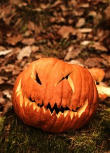 Jack-o'-lantern in an autumn forest surrounded by dried leaves