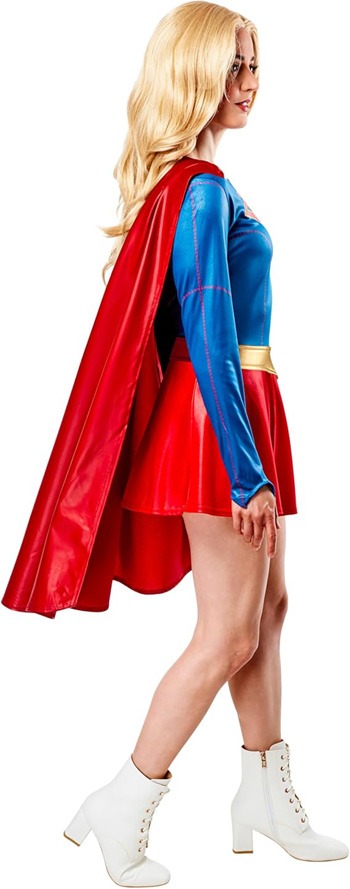 Side view of Supergirl Costume highlighting cape and fit