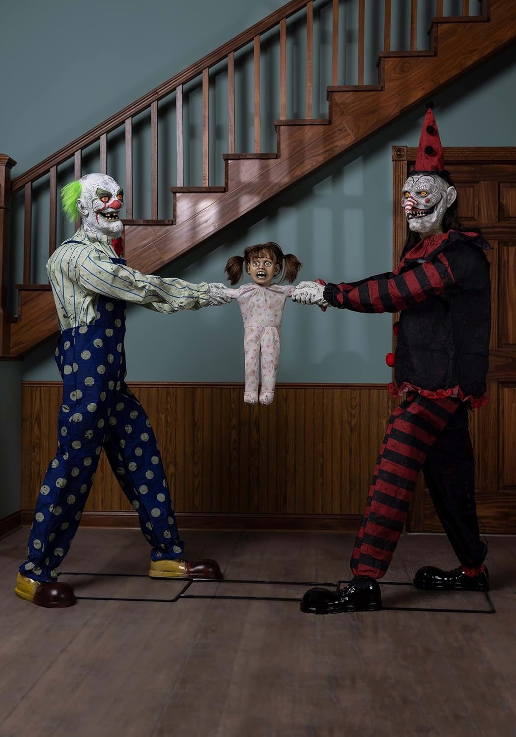 Front view of Tug of War Clowns with screaming child