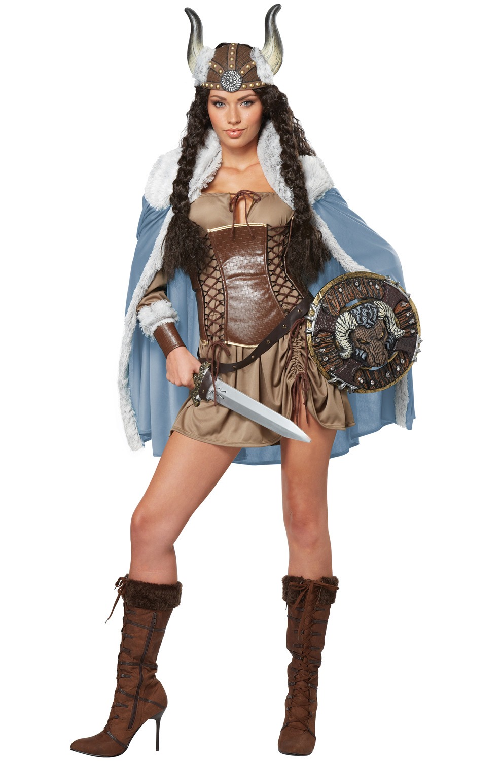 Front view of Viking Vixen Costume with corset and belt