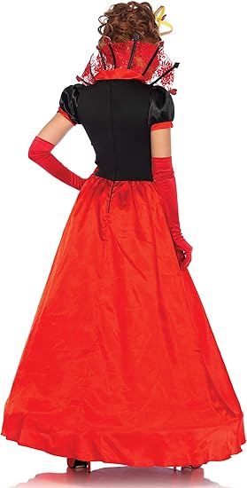 Back view showing flowing skirt and gold trim of Queen of Hearts costume