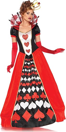 Main view of the Queen of Hearts costume showing lace collar and crown headband