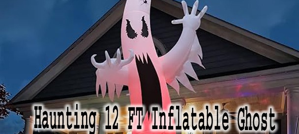 12 FT Inflatable Ghost with Spiders and Flame Lights