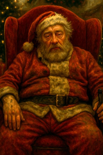 Mall Santa with sunken face sitting among Christmas decor