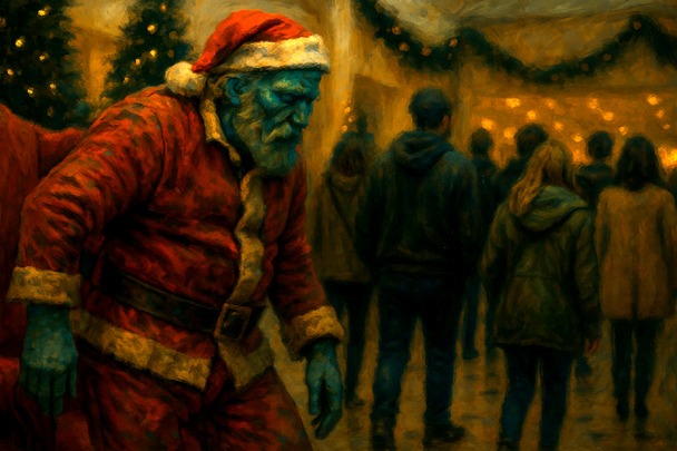 Panicked mall scene with Santa