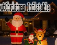 Christmas inflatables glowing in a festively decorated front yard at night