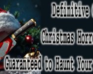 Christmas Horror Movies Santa hat draped over a bloody knife on a snowy surface.