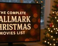 Cozy Christmas living room with TV Hallmark Christmas Movies List