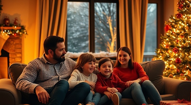 A family it together on a couch watching TV