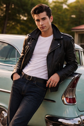 DIY Danny Zuko Costume with leather jacket and white T-shirt beside a 1950s car