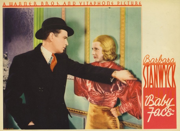 1933 Baby Face lobby card showing Barbara Stanwyck in a pre-Code promotional scene