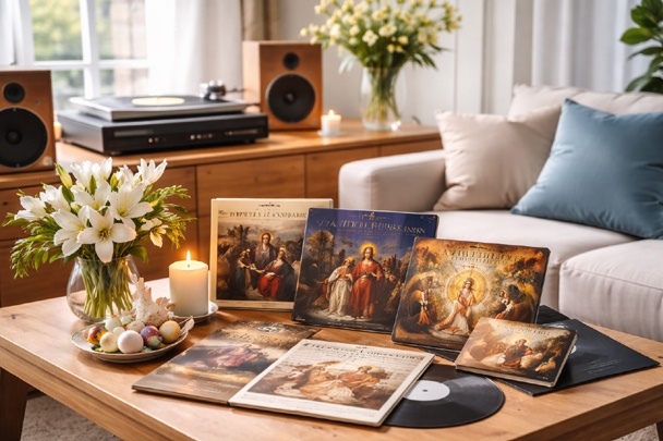 Classical Easter albums displayed near a turntable in a modern living room