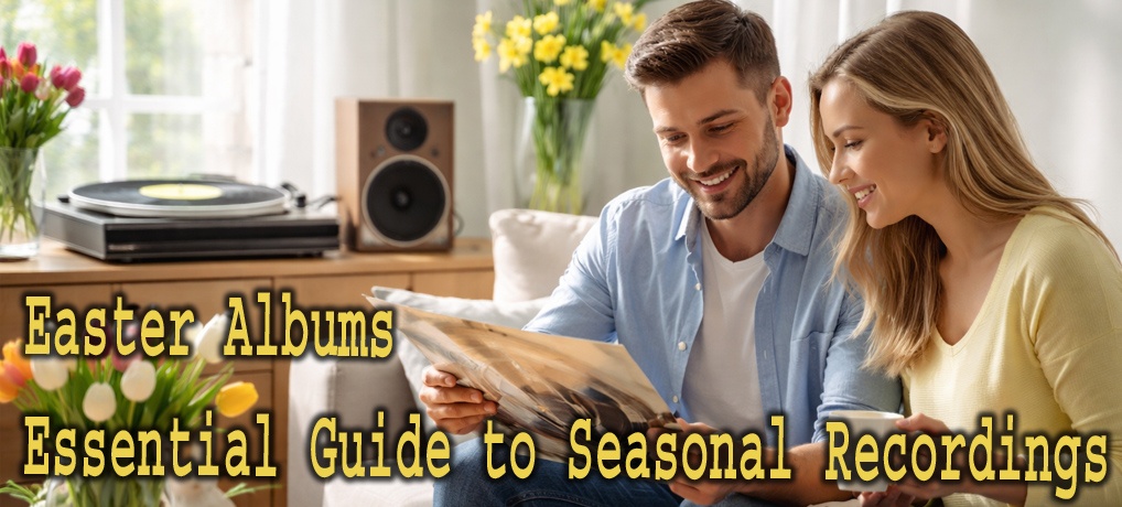 Couple listening to Easter music albums at home in a bright living room