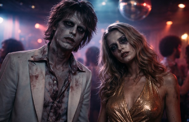 DIY 1970s Disco Zombie Costume with flared suit and pale undead makeup