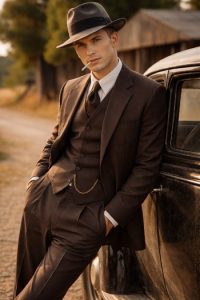 DIY Clyde Barrow Costume with fedora and 1930s suit