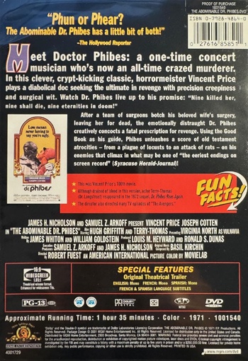 Back cover of The Abominable Dr. Phibes DVD