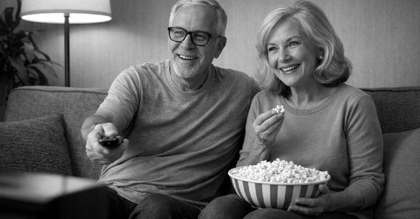 Older couple in their 60s sitting on a sofa enjoying movie night, eating popcorn and watching television