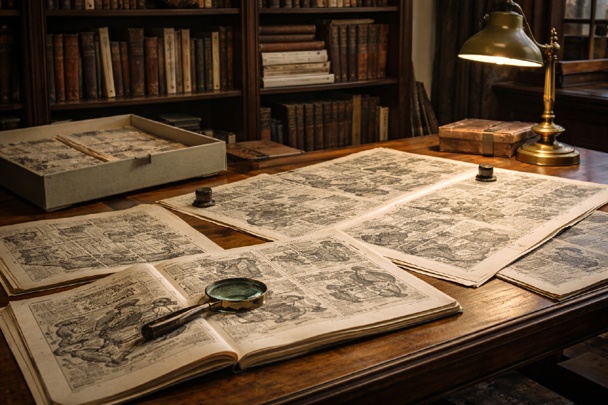 Archival collection of newspaper comic strips featuring Irish stereotypes laid out on a collector's research table