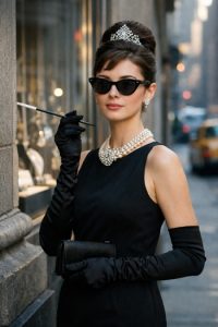 DIY Holly Golightly Costume Audrey Hepburn Breakfast at Tiffany’s black dress pearls