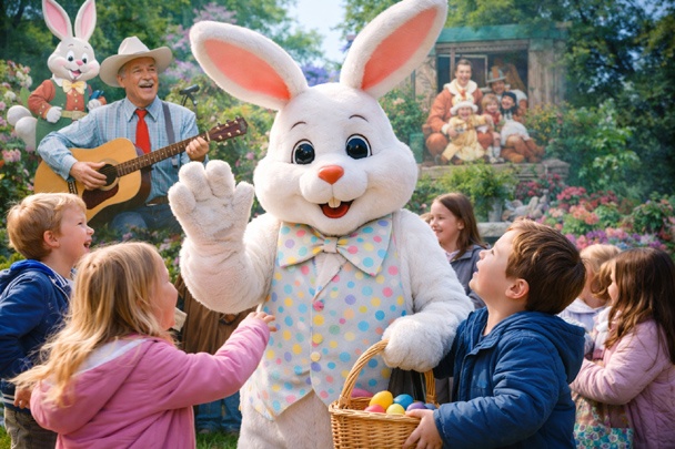 Easter Bunny history scene with children and live bunny character