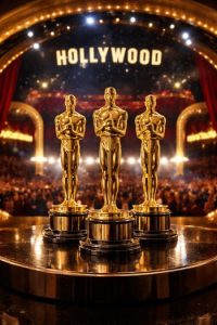 Academy Awards stage representing three acting Oscars milestone reached by Sean Penn