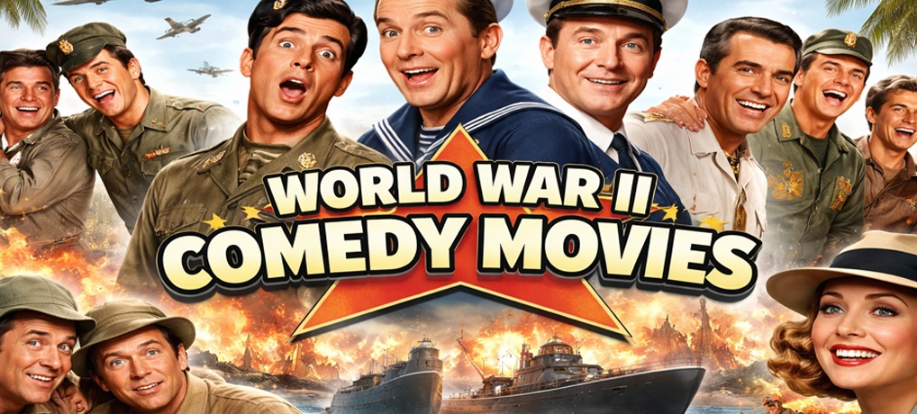 vintage style collage of actors and scenes representing World War II Comedy Movies