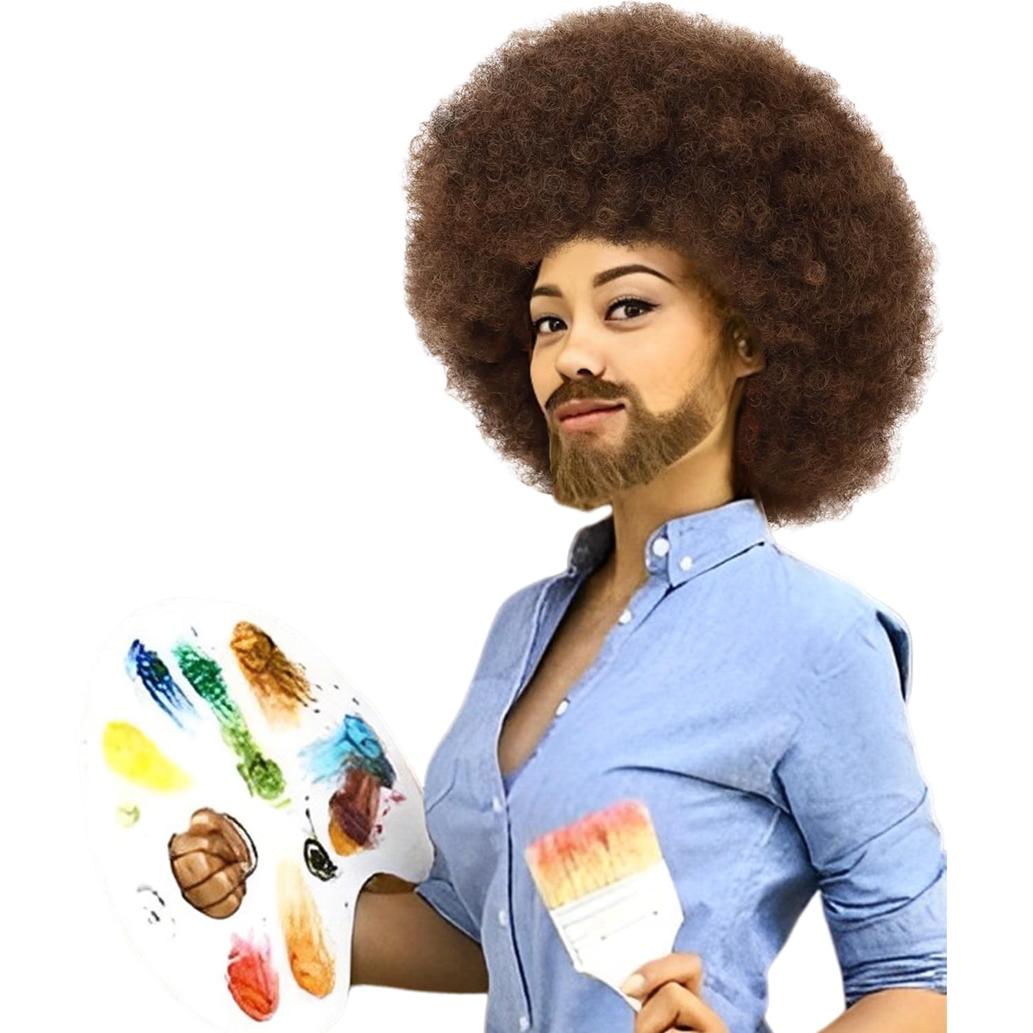 Bob Ross Afro Costume Wig Curly Brown Style