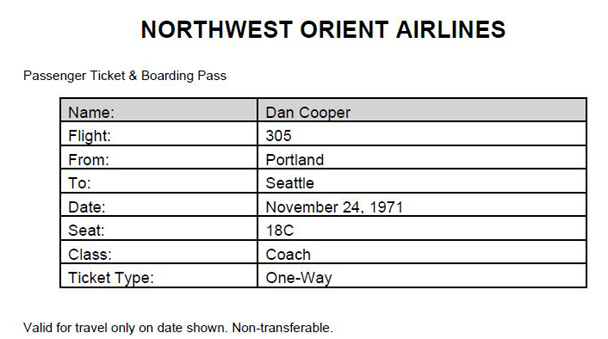 Printable DB Cooper Northwest Orient Airlines boarding pass prop for DIY DB Cooper Costume dated November 24 1971 in the name of Dan Cooper