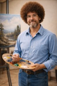 DIY Bob Ross Costume painter outfit with afro and palette