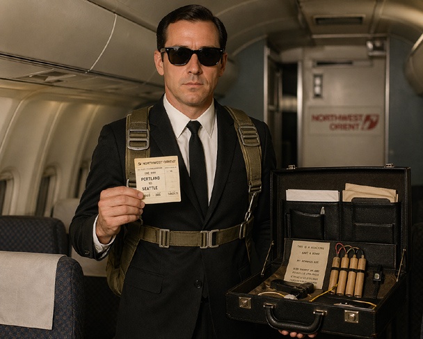 DIY DB Cooper Costume with dark suit, black tie, sunglasses, briefcase prop, and parachute harness