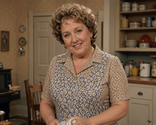 DIY Edith Bunker Costume with polyester house dress, floral smock apron, clip on earrings